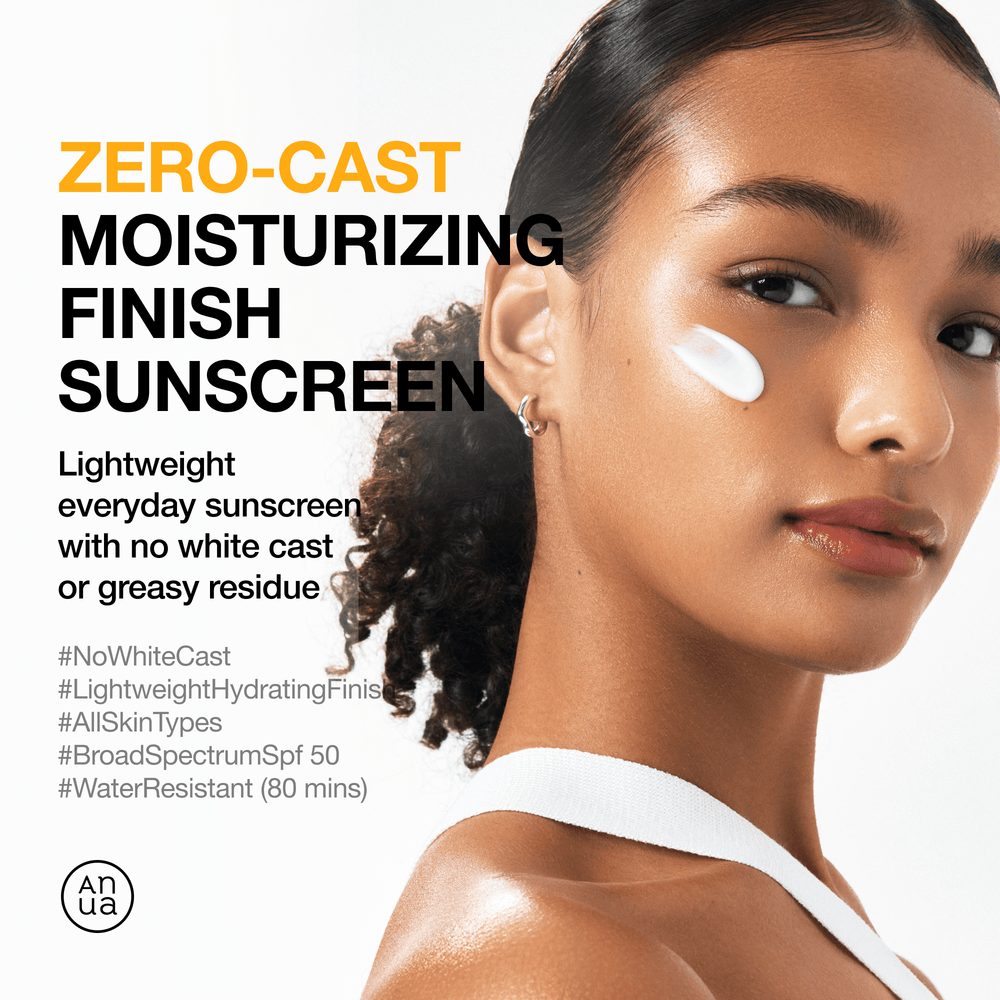 Woman with sunscreen on her face and promotional text for Zero-Cast Moisturizing Finish Sunscreen.