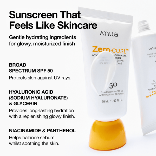 Sunscreen bottle with text highlighting features and benefits on a white background